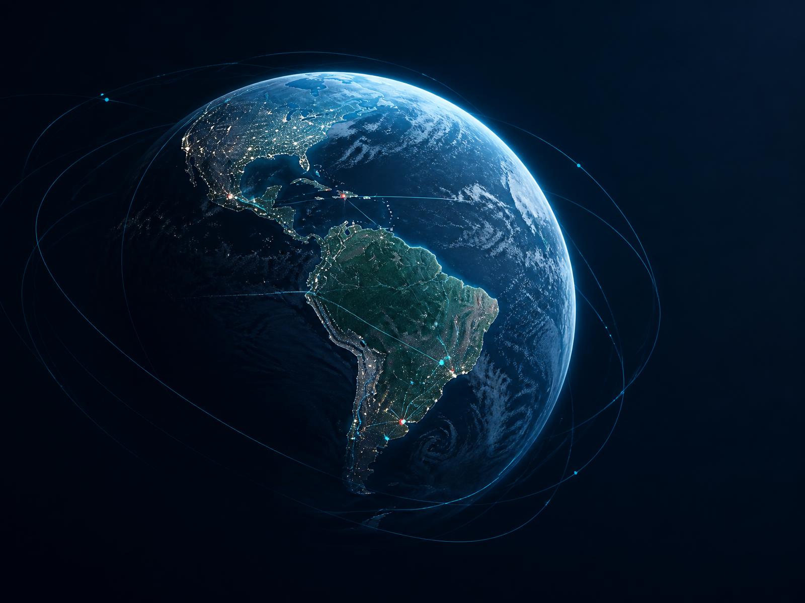 Globo digital centrado en América Latina conectado por rutas de datos